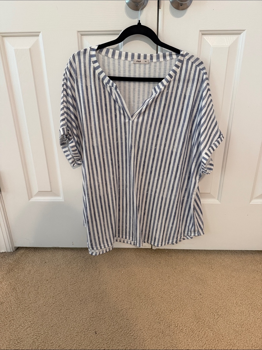 Striped V-Neck Short Sleeve Tunic - Blue/White
